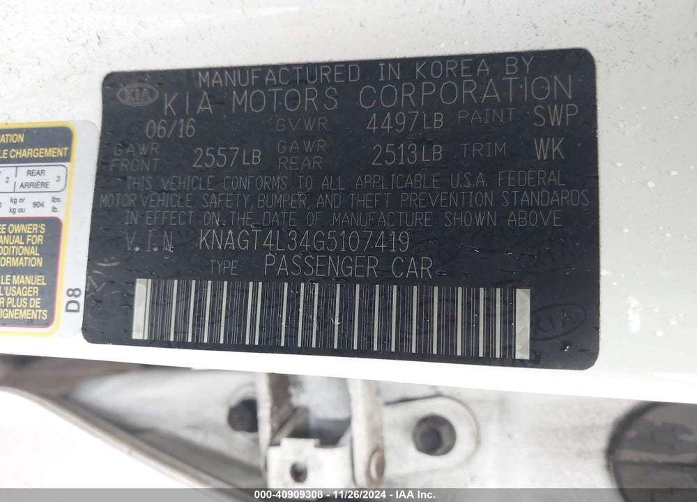 2016 KIA OPTIMA LX VIN: KNAGT4L34G5107419