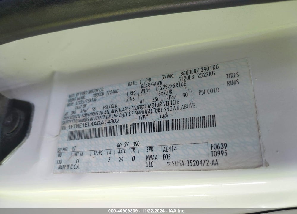 2010 FORD E-150 COMMERCIAL/RECREATIONAL VIN: 1FTNE1EL4ADA14302