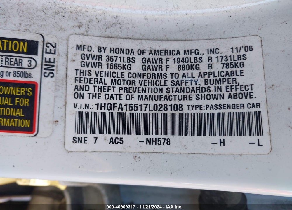 2007 HONDA CIVIC LX VIN: 1HGFA16517L028108