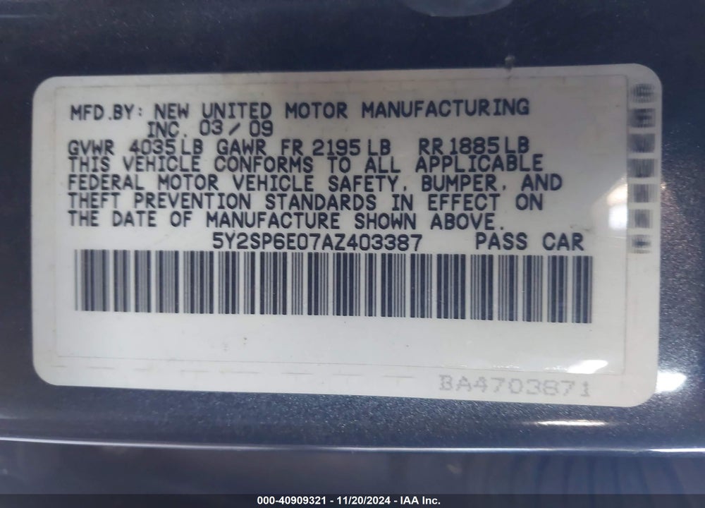 2010 PONTIAC VIBE VIN: 5Y2SP6E07AZ403387