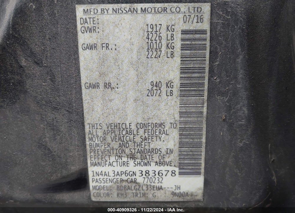 2016 NISSAN ALTIMA 2.5 S VIN: 1N4AL3AP6GN383678