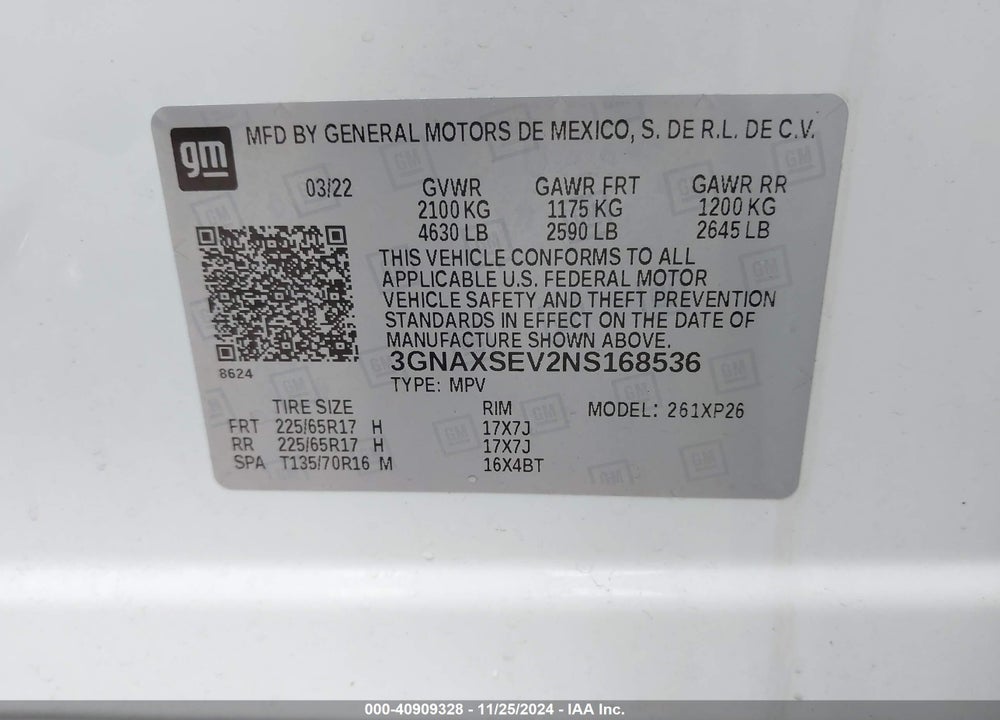 2022 CHEVROLET EQUINOX AWD LS VIN: 3GNAXSEV2NS168536