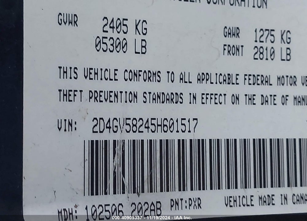 2005 DODGE MAGNUM RT VIN: 2D4GV58245H601517