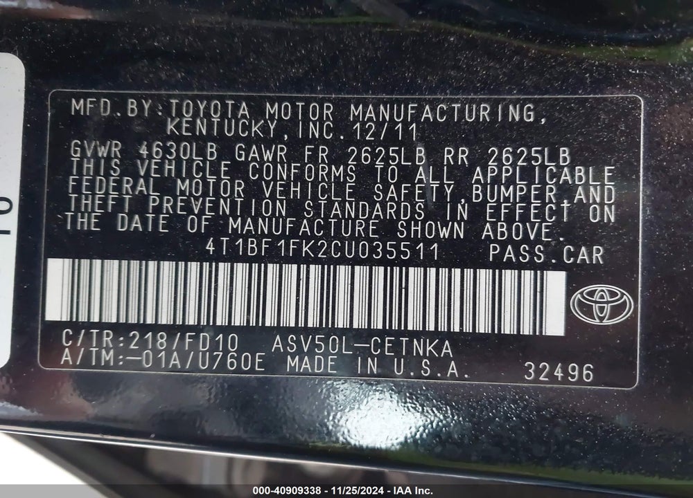 2012 TOYOTA CAMRY LE VIN: 4T1BF1FK2CU035511