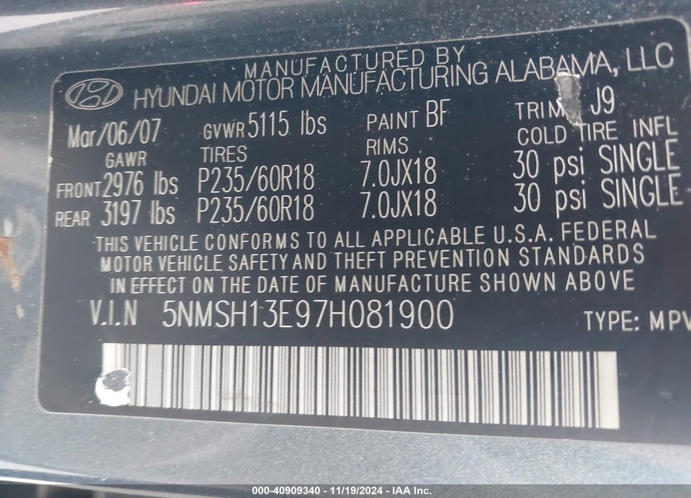 2007 HYUNDAI SANTA FE LIMITED/SE VIN: 5NMSH13E97H081900