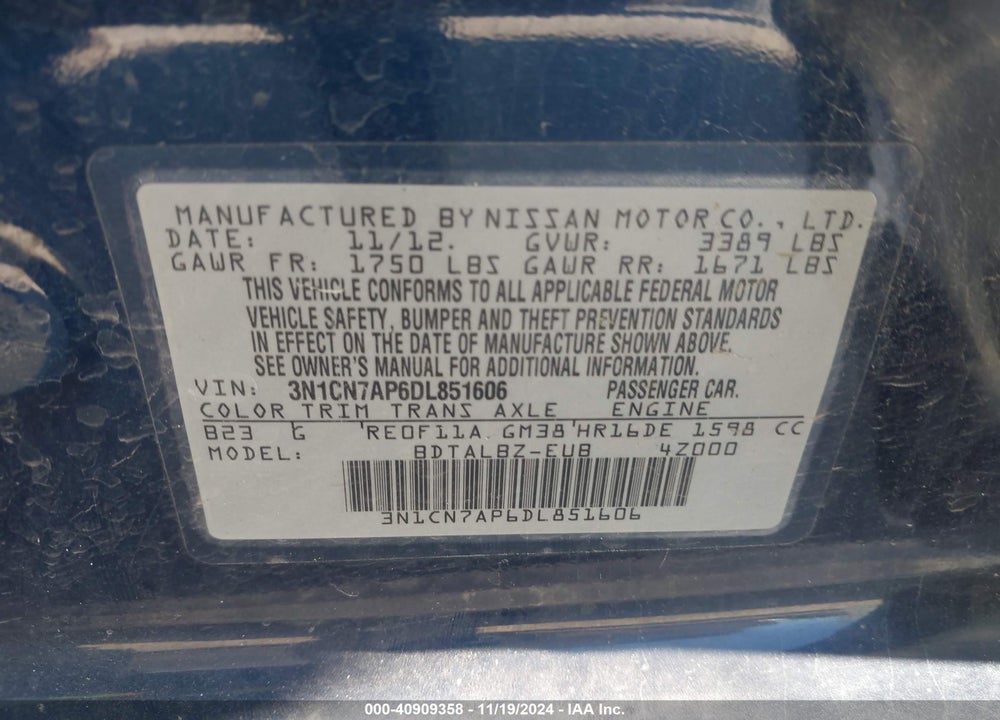 2013 NISSAN VERSA 1.6 SV VIN: 3N1CN7AP6DL851606