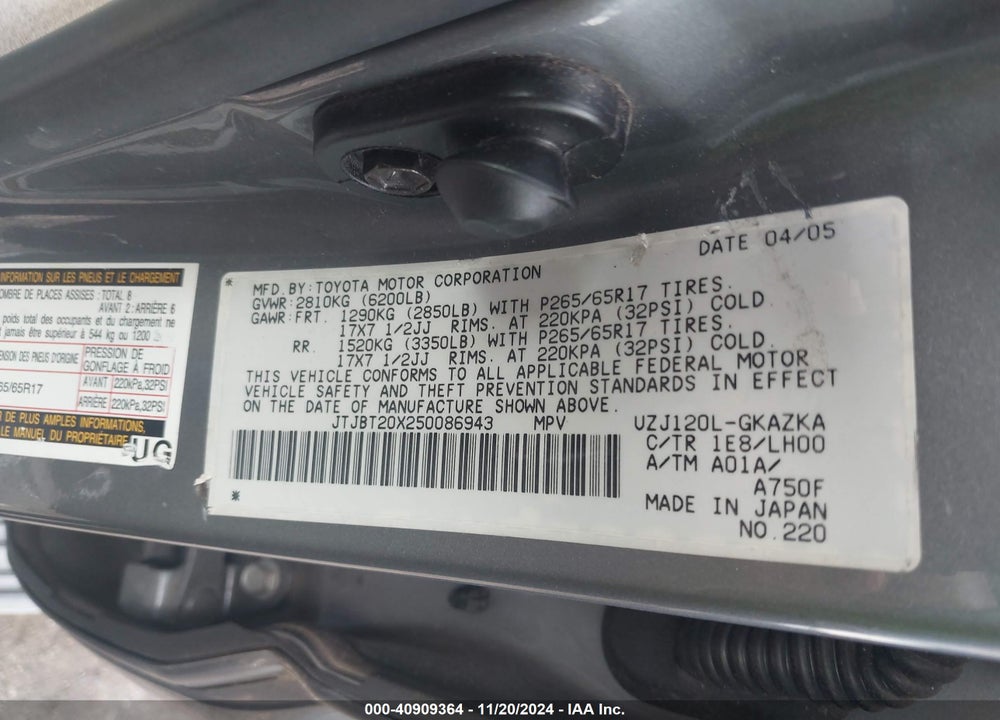 2005 LEXUS GX 470 VIN: JTJBT20X250086943