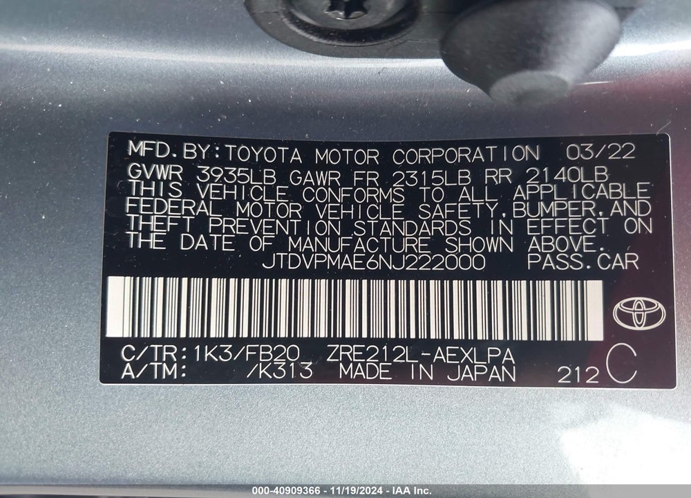 2022 TOYOTA COROLLA LE VIN: JTDVPMAE6NJ222000