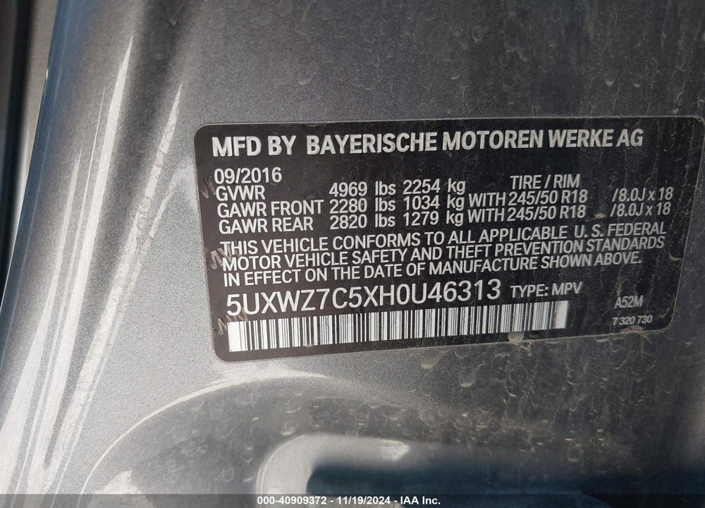 2017 BMW X3 SDRIVE28I VIN: 5UXWZ7C5XH0U46313