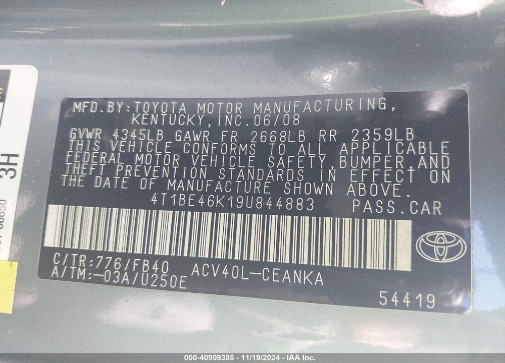 2009 TOYOTA CAMRY LE VIN: 4T1BE46K19U844883