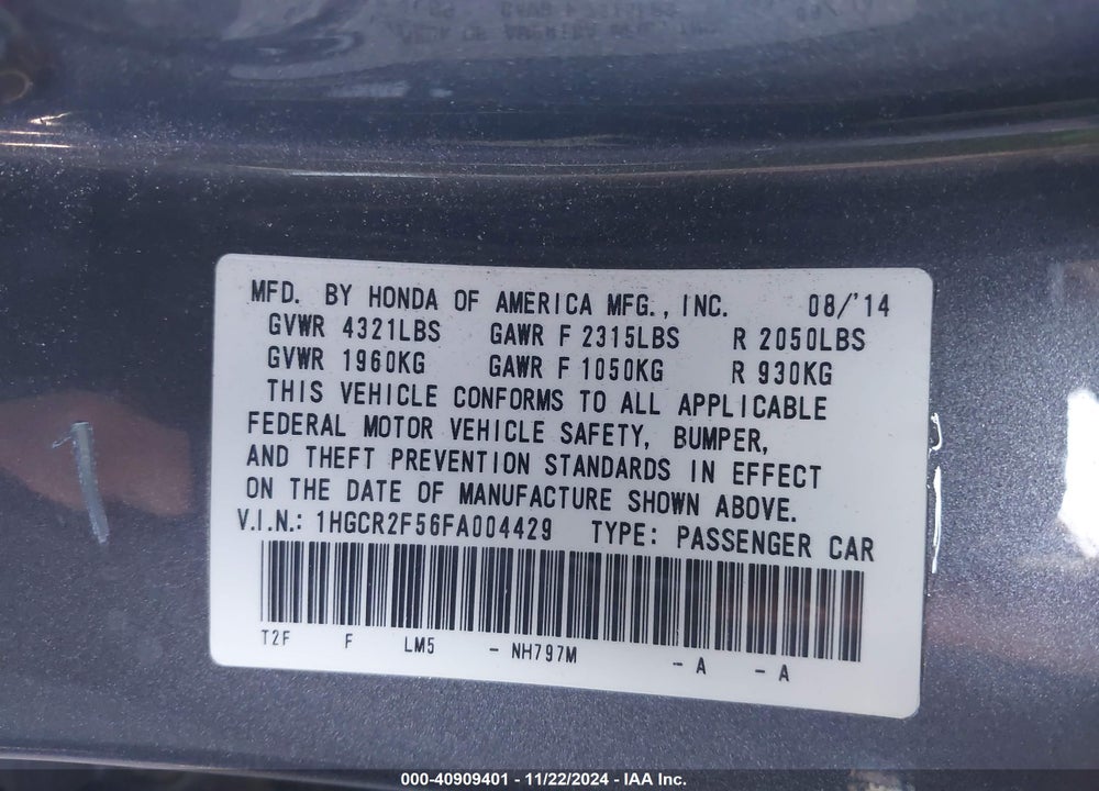 2015 HONDA ACCORD VIN: 1HGCR2F56FA004429