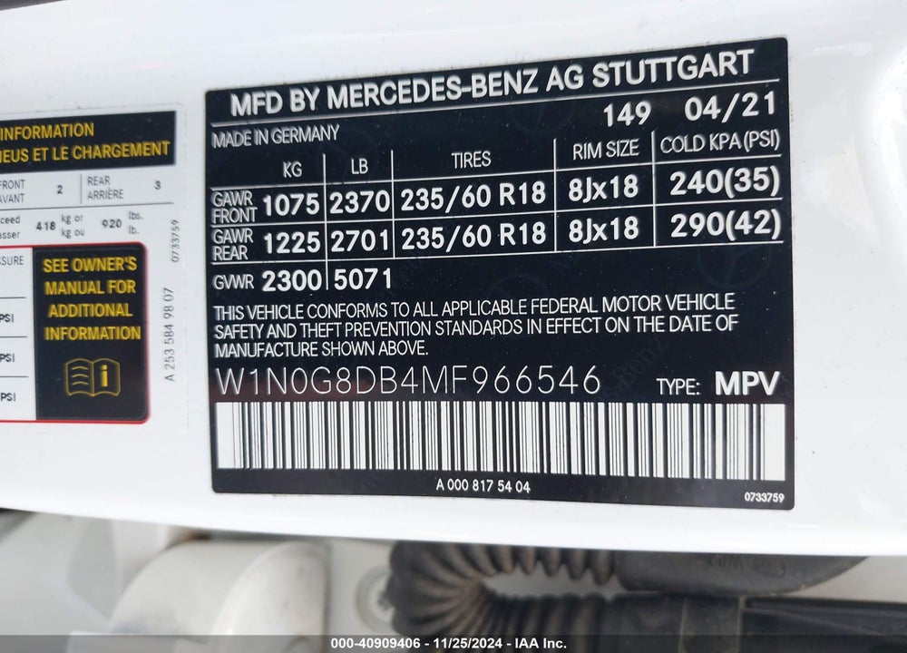 2021 MERCEDES-BENZ GLC 300 SUV VIN: W1N0G8DB4MF966546