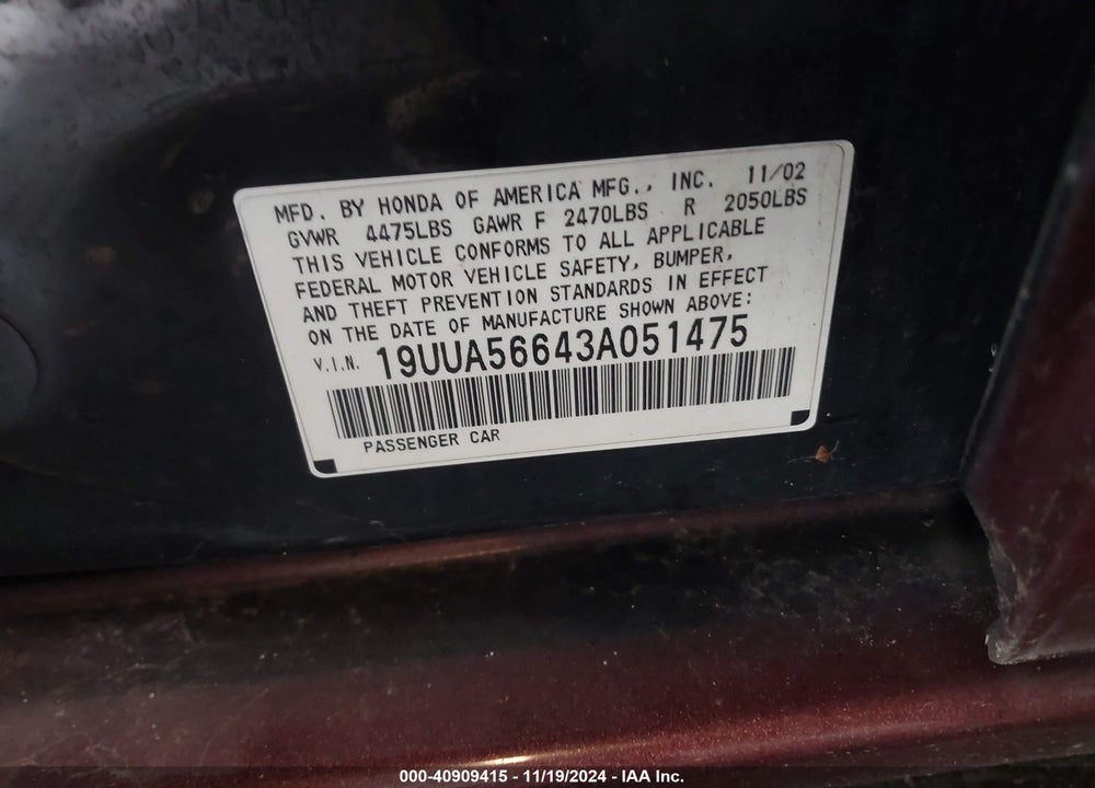 2003 ACURA TL 3.2 VIN: 19UUA56643A051475