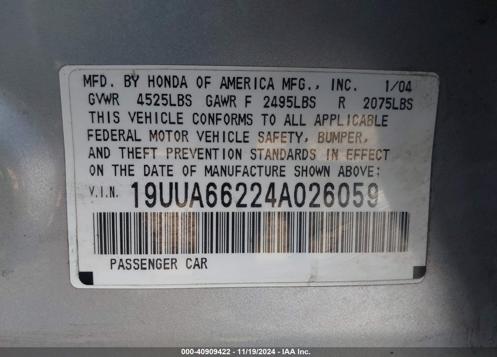 2004 ACURA TL VIN: 19UUA66224A026059