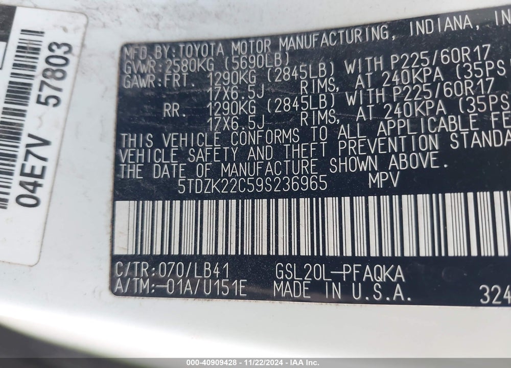 2009 TOYOTA SIENNA XLE VIN: 5TDZK22C59S236965