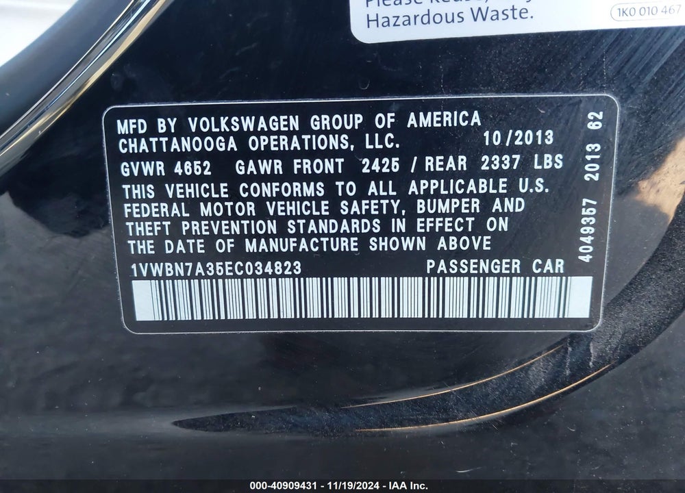 2014 VOLKSWAGEN PASSAT 2.0L TDI SE VIN: 1VWBN7A35EC034823