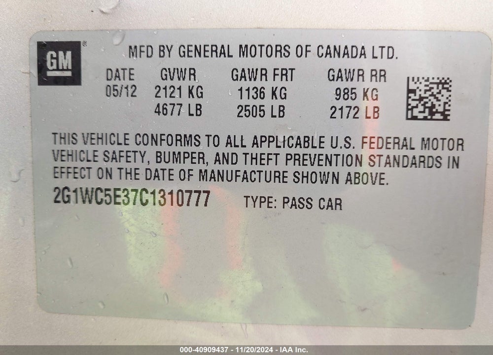 2012 CHEVROLET IMPALA LTZ VIN: 2G1WC5E37C1310777
