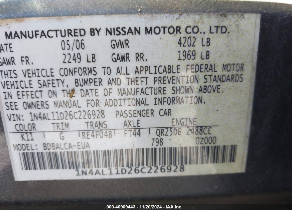 2006 NISSAN ALTIMA VIN: 1N4AL11D26C226928