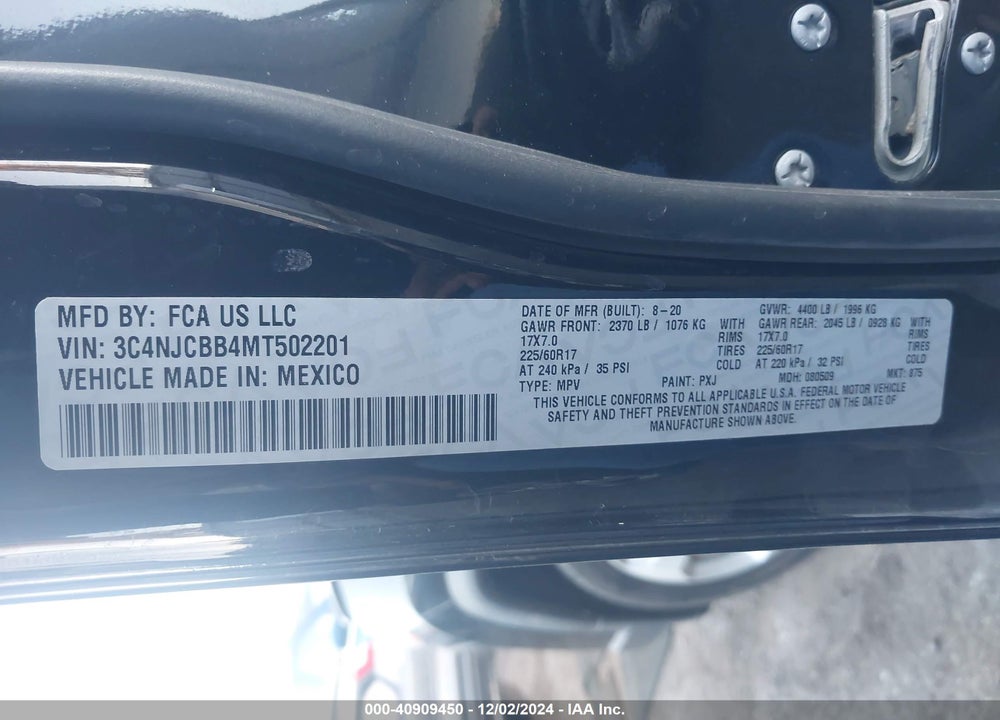 2021 JEEP COMPASS LATITUDE FWD VIN: 3C4NJCBB4MT502201