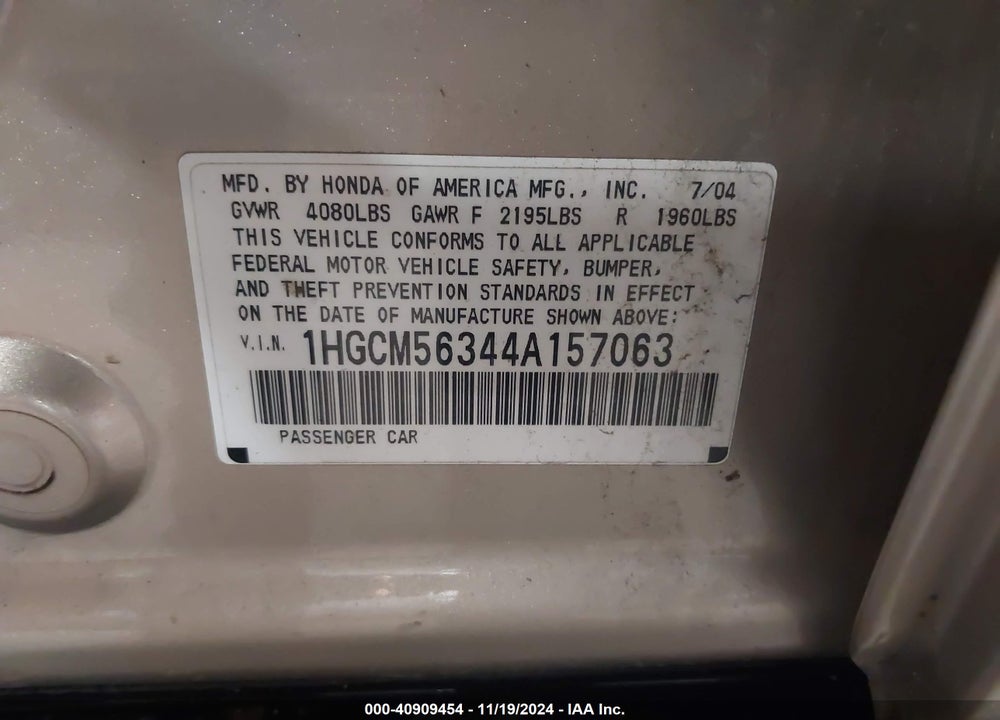 2004 HONDA ACCORD 2.4 LX VIN: 1HGCM56344A157063
