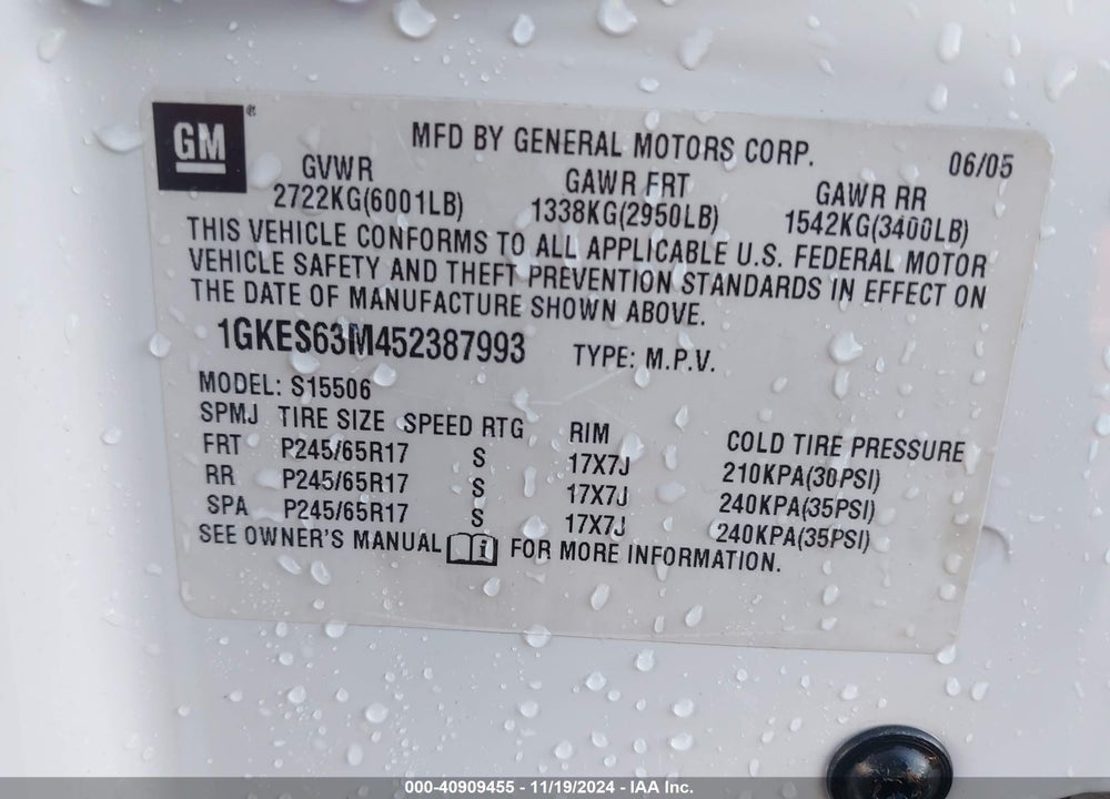 2005 GMC ENVOY DENALI VIN: 1GKES63M452387993
