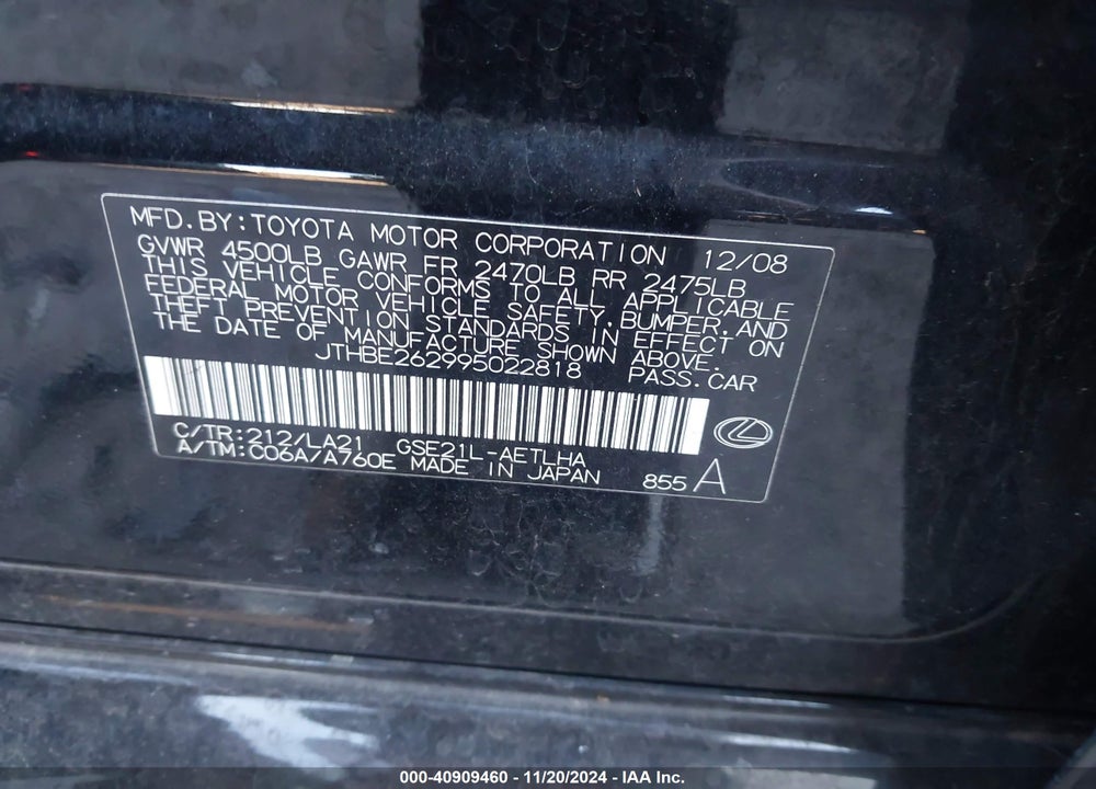 2009 LEXUS IS 350 VIN: JTHBE262995022818