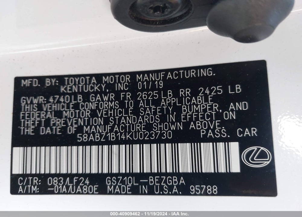 2019 LEXUS ES 350 F-SPORT VIN: 58ABZ1B14KU023730