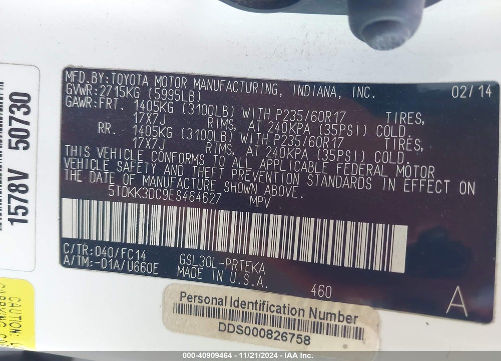 2014 TOYOTA SIENNA LE V6 8 PASSENGER VIN: 5TDKK3DC9ES464627