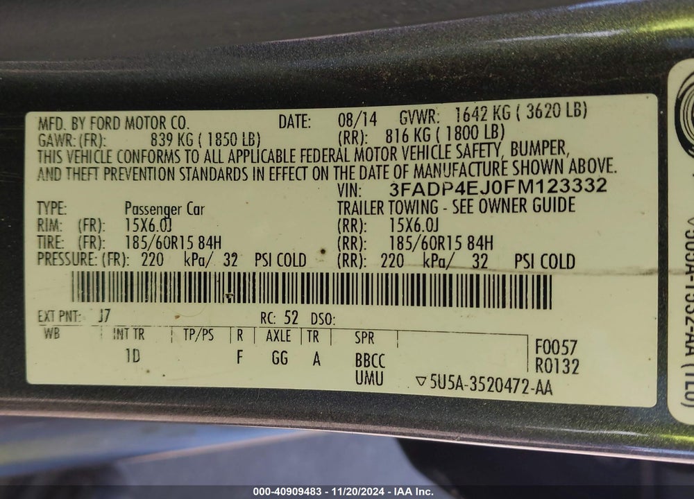 2015 FORD FIESTA SE VIN: 3FADP4EJ0FM123332
