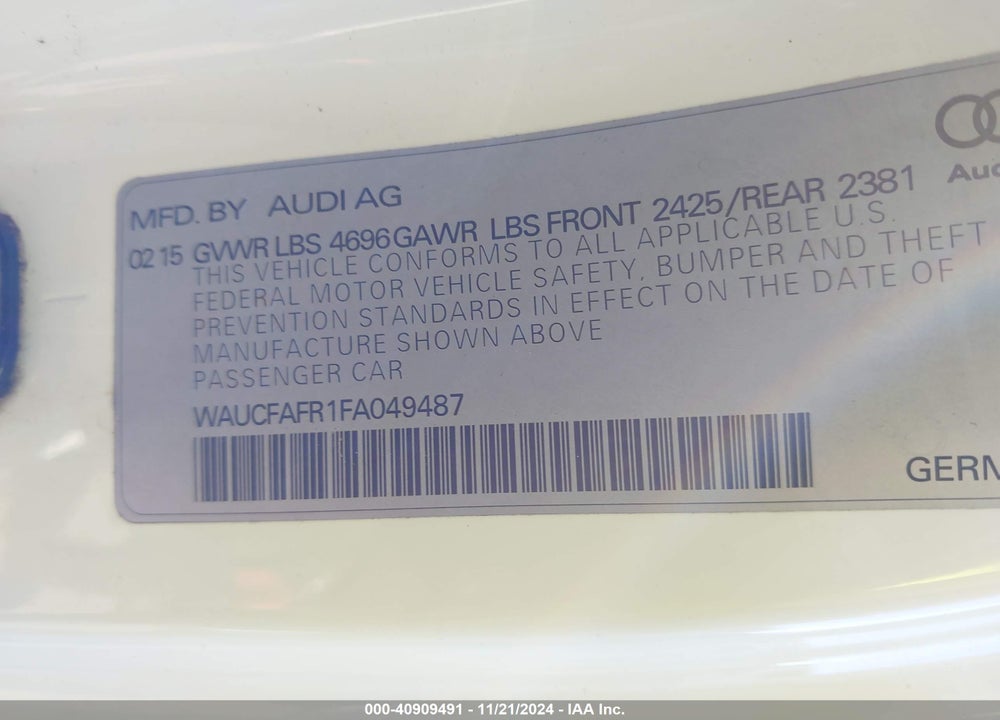 2015 AUDI A5 VIN: WAUCFAFR1FA049487