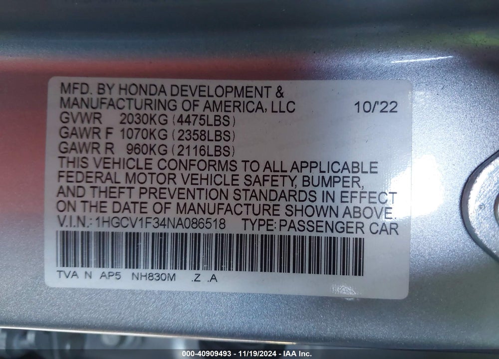 2022 HONDA ACCORD VIN: 1HGCV1F34NA086518