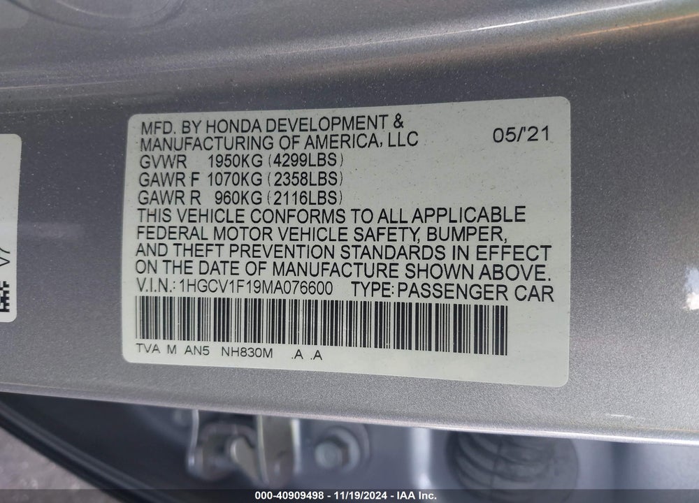 2021 HONDA ACCORD LX VIN: 1HGCV1F19MA076600