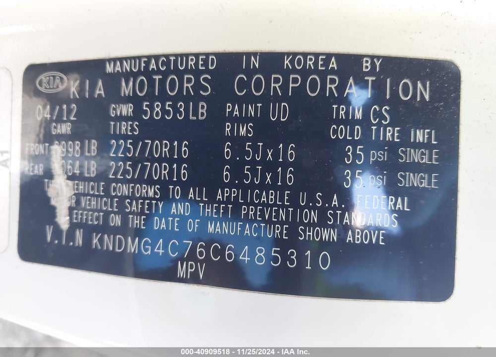 2012 KIA SEDONA LX VIN: KNDMG4C76C6485310