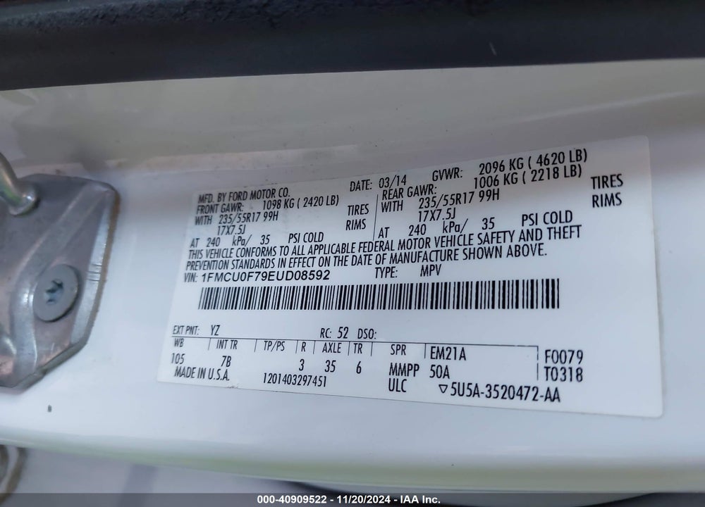 2014 FORD ESCAPE S VIN: 1FMCU0F79EUD08592