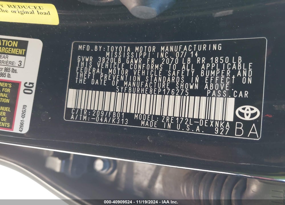 2014 TOYOTA COROLLA LE VIN: 5YFBURHE8EP176275
