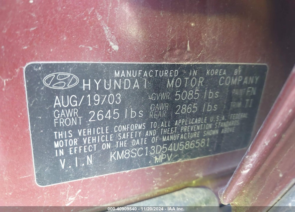 2004 HYUNDAI SANTA FE GLS VIN: KM8SC13D54U586581