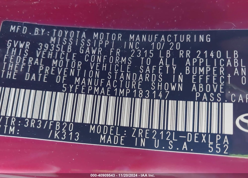 2021 TOYOTA COROLLA LE VIN: 5YFEPMAE1MP183147