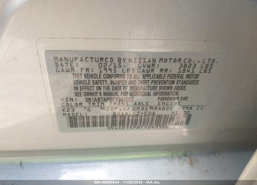 2015 NISSAN SENTRA S VIN: 3N1AB7AP8FY249926