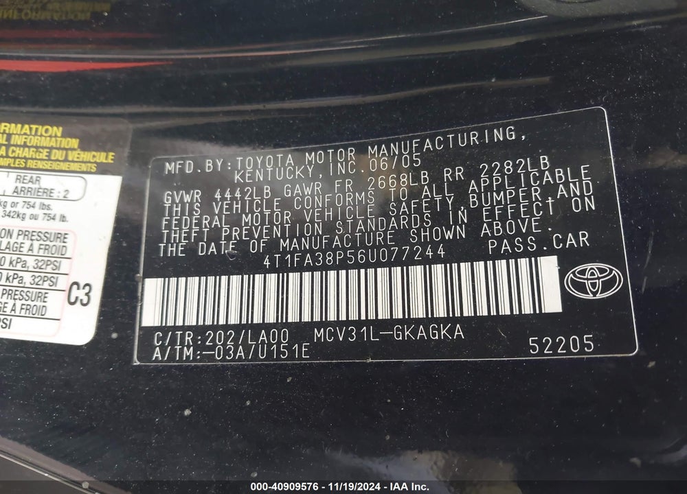 2006 TOYOTA CAMRY SOLARA SLE VIN: 4T1FA38P56U077244