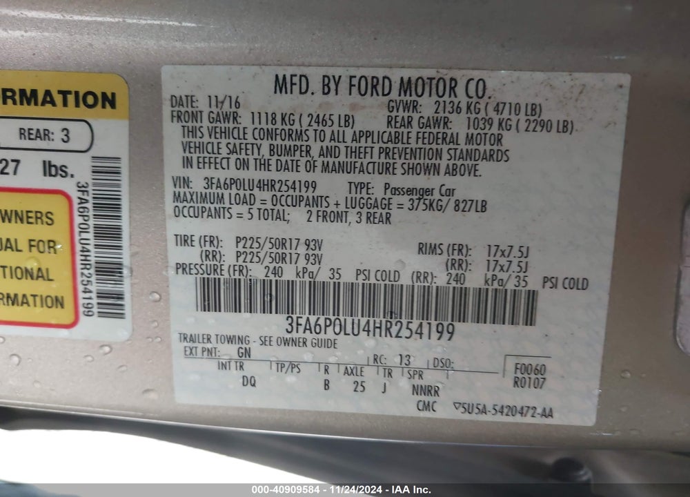 2017 FORD FUSION HYBRID SE VIN: 3FA6P0LU4HR254199