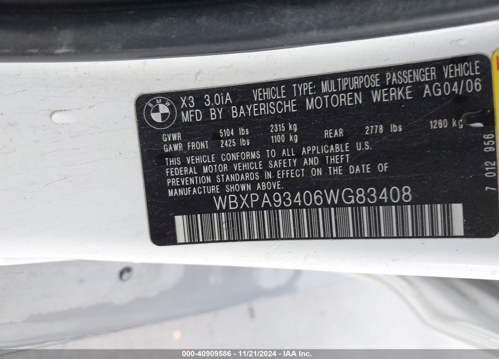 2006 BMW X3 3.0I VIN: WBXPA93406WG83408