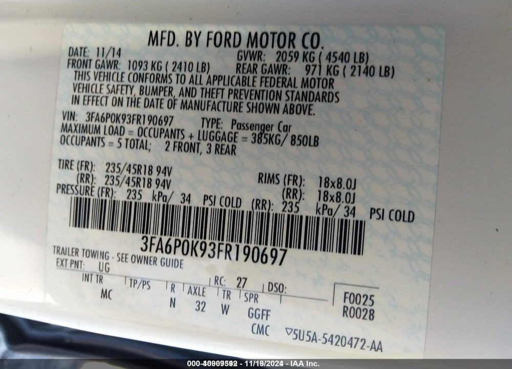 2015 FORD FUSION VIN: 3FA6P0K93FR190697