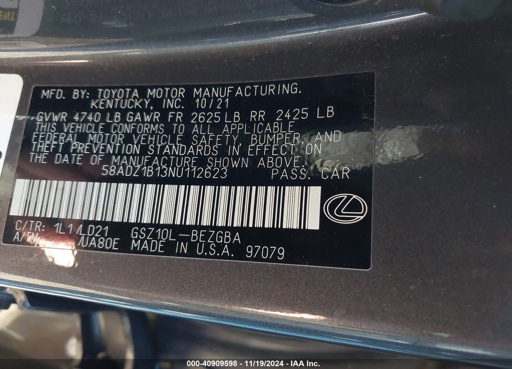 2022 LEXUS ES 350 VIN: 58ADZ1B13NU112623