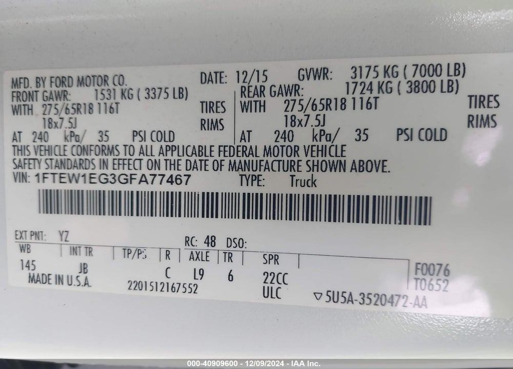 2016 FORD F-150 VIN: 1FTEW1EG3GFA77467