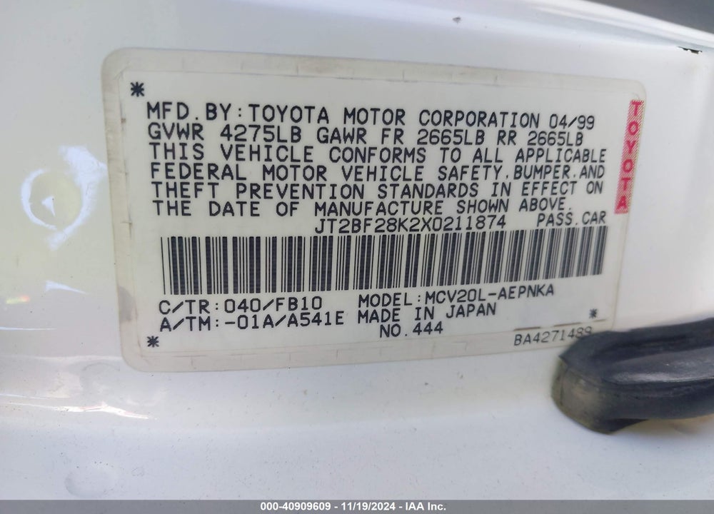 1999 TOYOTA CAMRY LE V6 VIN: JT2BF28K2X0211874