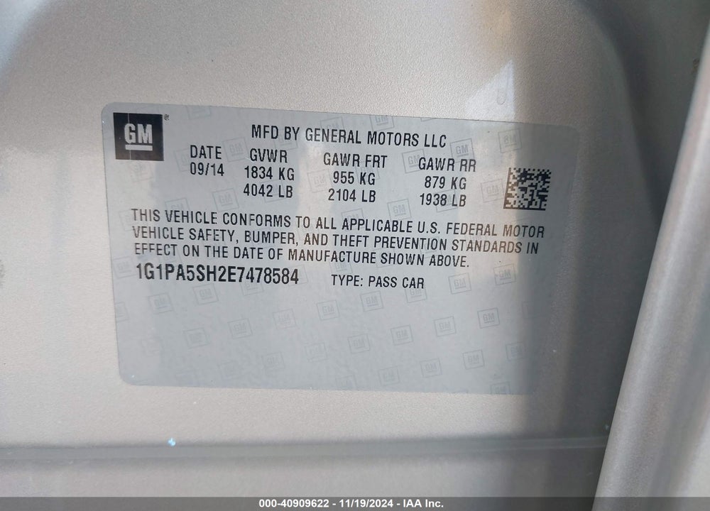 2014 CHEVROLET CRUZE LS AUTO VIN: 1G1PA5SH2E7478584