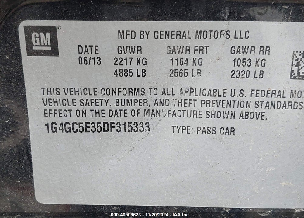 2013 BUICK LACROSSE LEATHER GROUP VIN: 1G4GC5E35DF315333