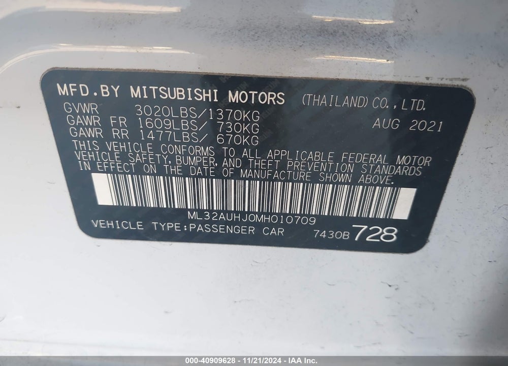2021 MITSUBISHI MIRAGE CARBONITE EDITION/ES/LE VIN: ML32AUHJ0MH010709