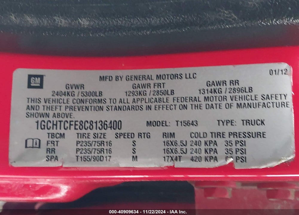2012 CHEVROLET COLORADO 1LT VIN: 1GCHTCFE8C8136400