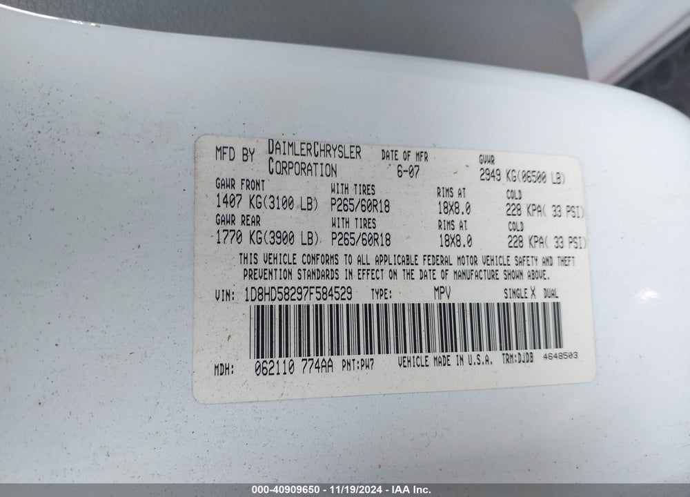 2007 DODGE DURANGO LIMITED VIN: 1D8HD58297F584529